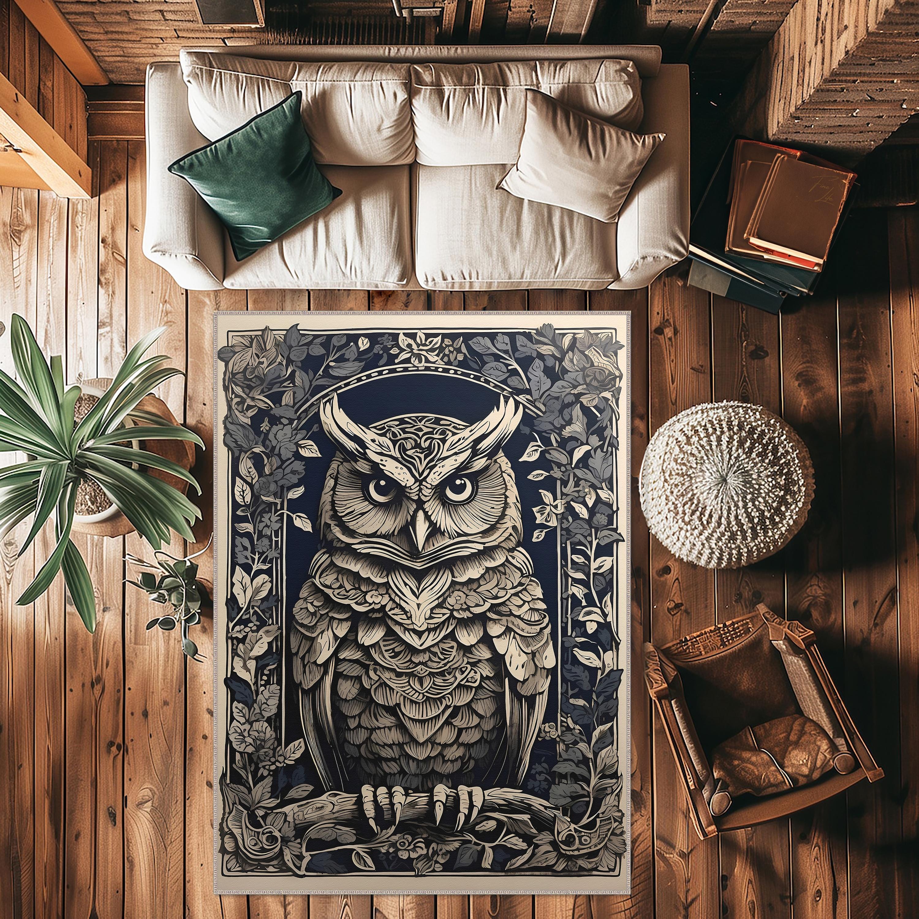 Vintage Owl Desing Rug, Intricate Owl Area Rug, Vintage Owl Design with Floral Patterns Carpet