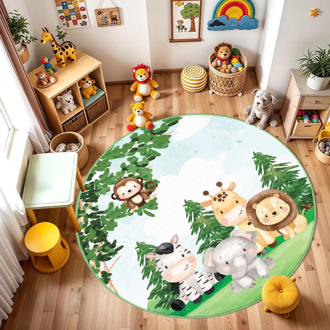 Safari Themed Kids Round Rug, Cute Animal Nursery Rug With Monkey ...