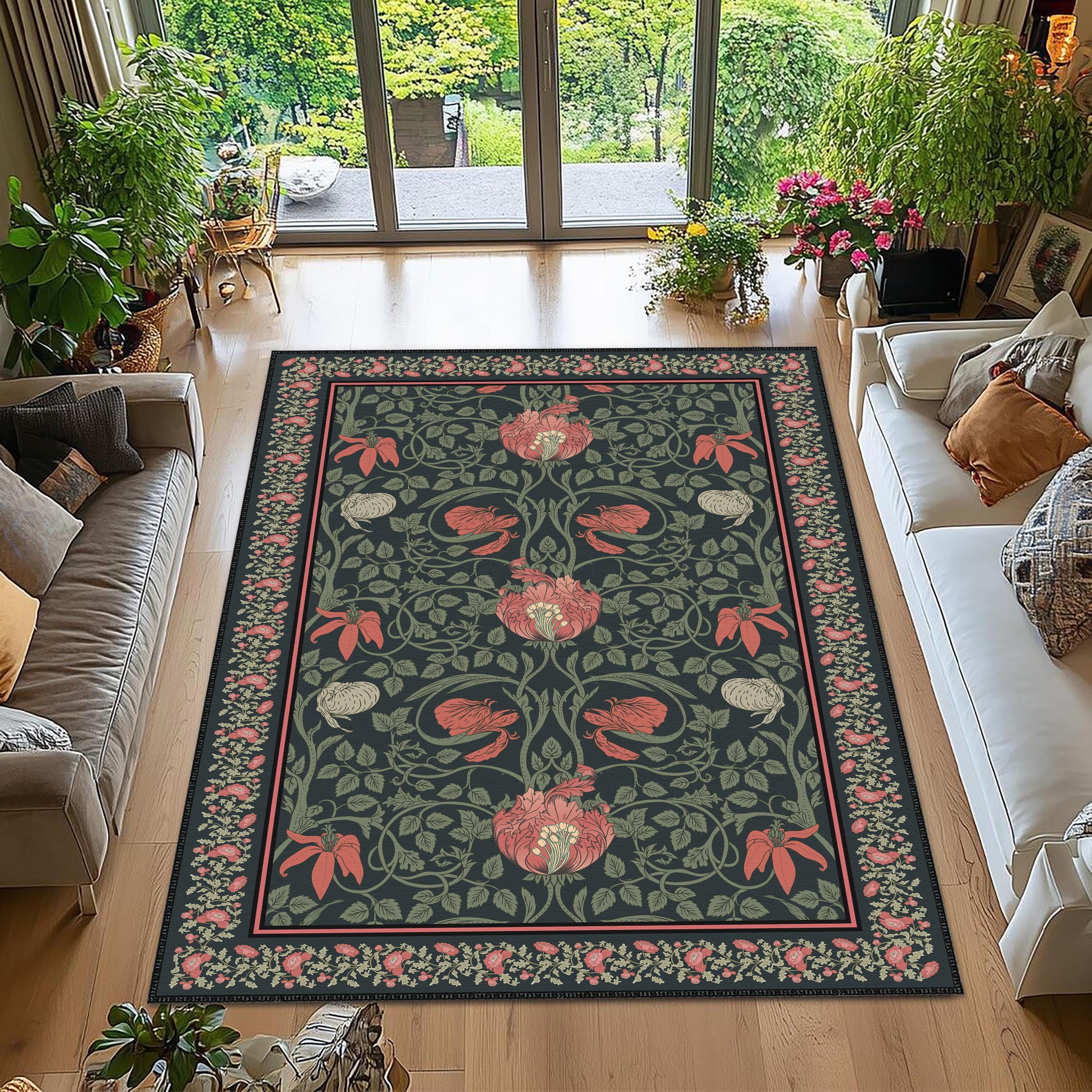 William Morris Artsy Scetch Area Rug, Victorian Floral Area Rug, Green ...