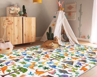 Dinosaur World Kids Rug, Dino Kids Room Carpet, Jurassic Park Desing Play Mat, Dino Crawling Mat, Dino Baby Rug, Colorful Dinosaur Kids Rug