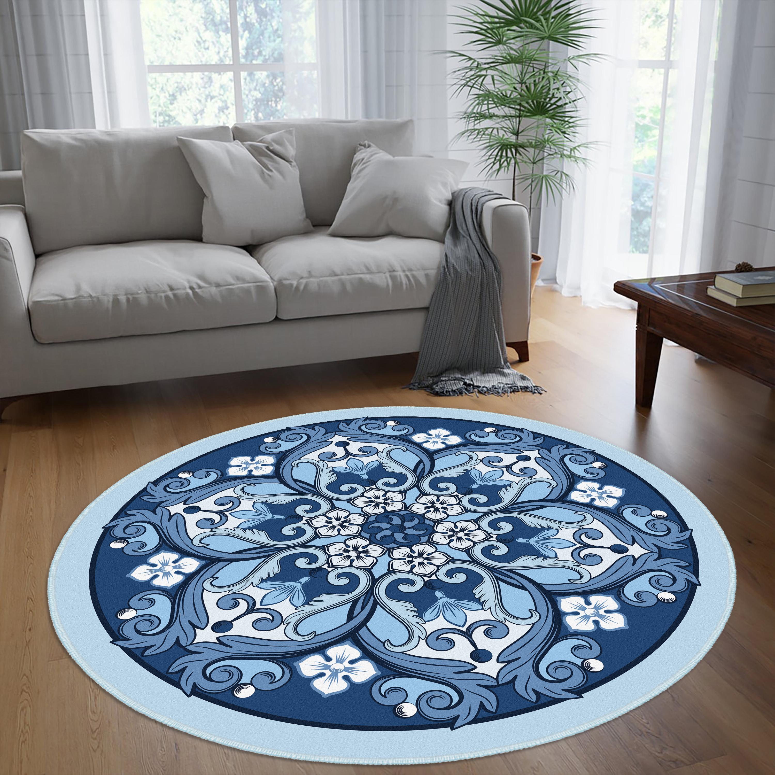 Mandala Circle Rug, Blue Mandala Pattern Round Carpet, Rug for Living ...