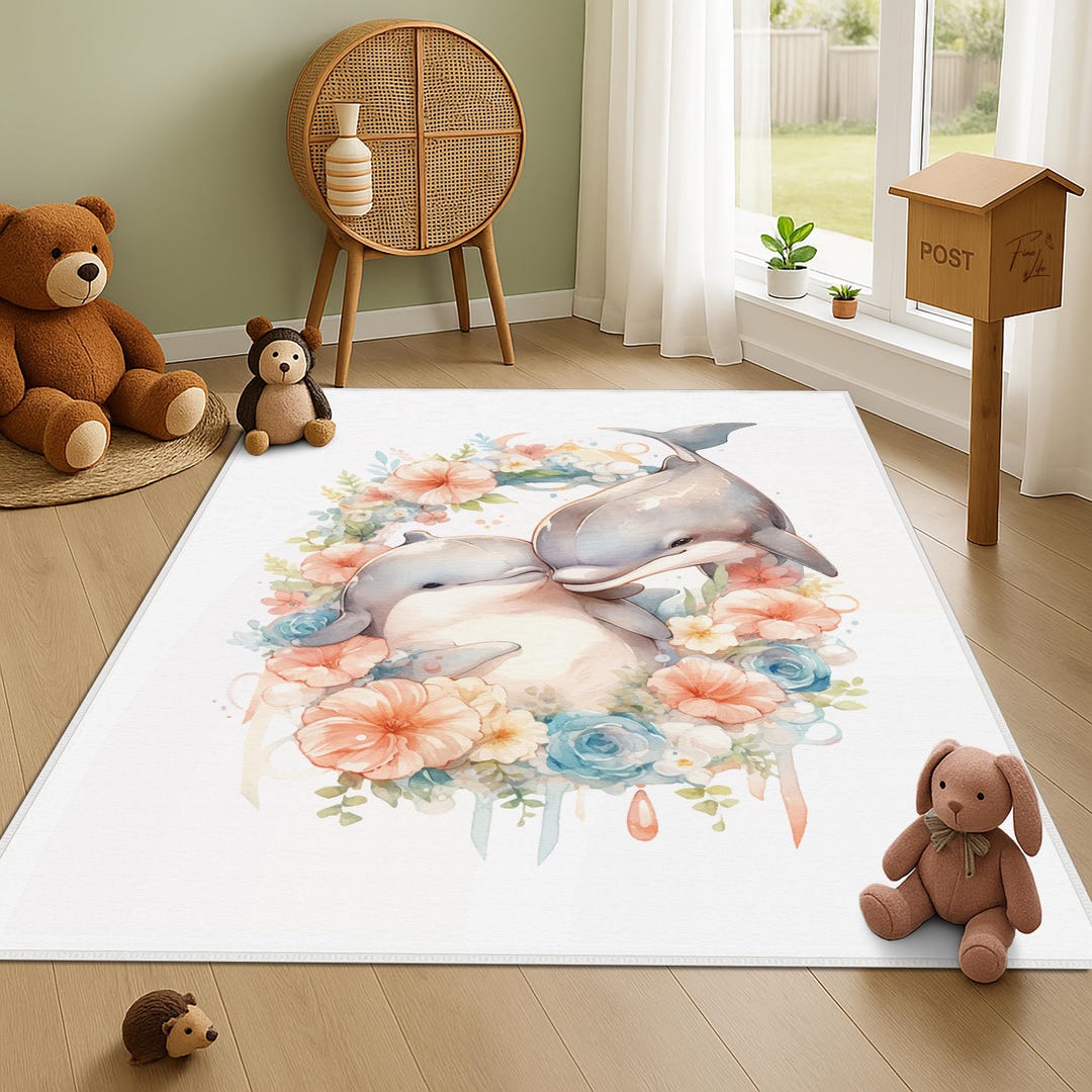 Cute Dolphin Desing Kids Rug, Dolphin Pattern Kids Mat, Flowers Pattern ...