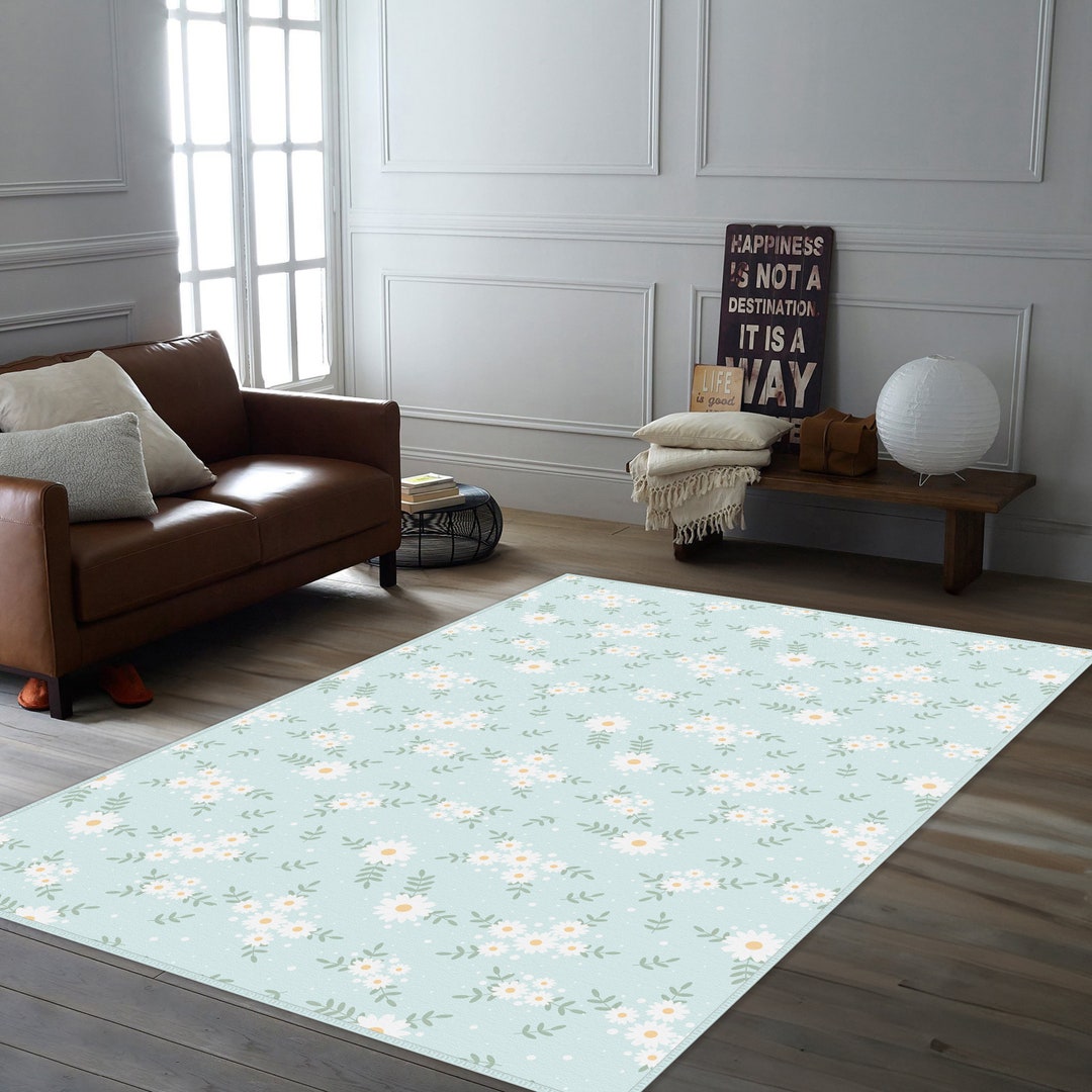 Blue Rug, White Floral Carpet, Rose Pattern Rug, Leafy Rug, Living Room ...