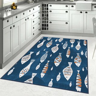 Zerbino/Tappeto Da Cucina Antiscivolo | 99x50 Cm | Motivo Strisce Blu | Lavabile In Lavatrice
