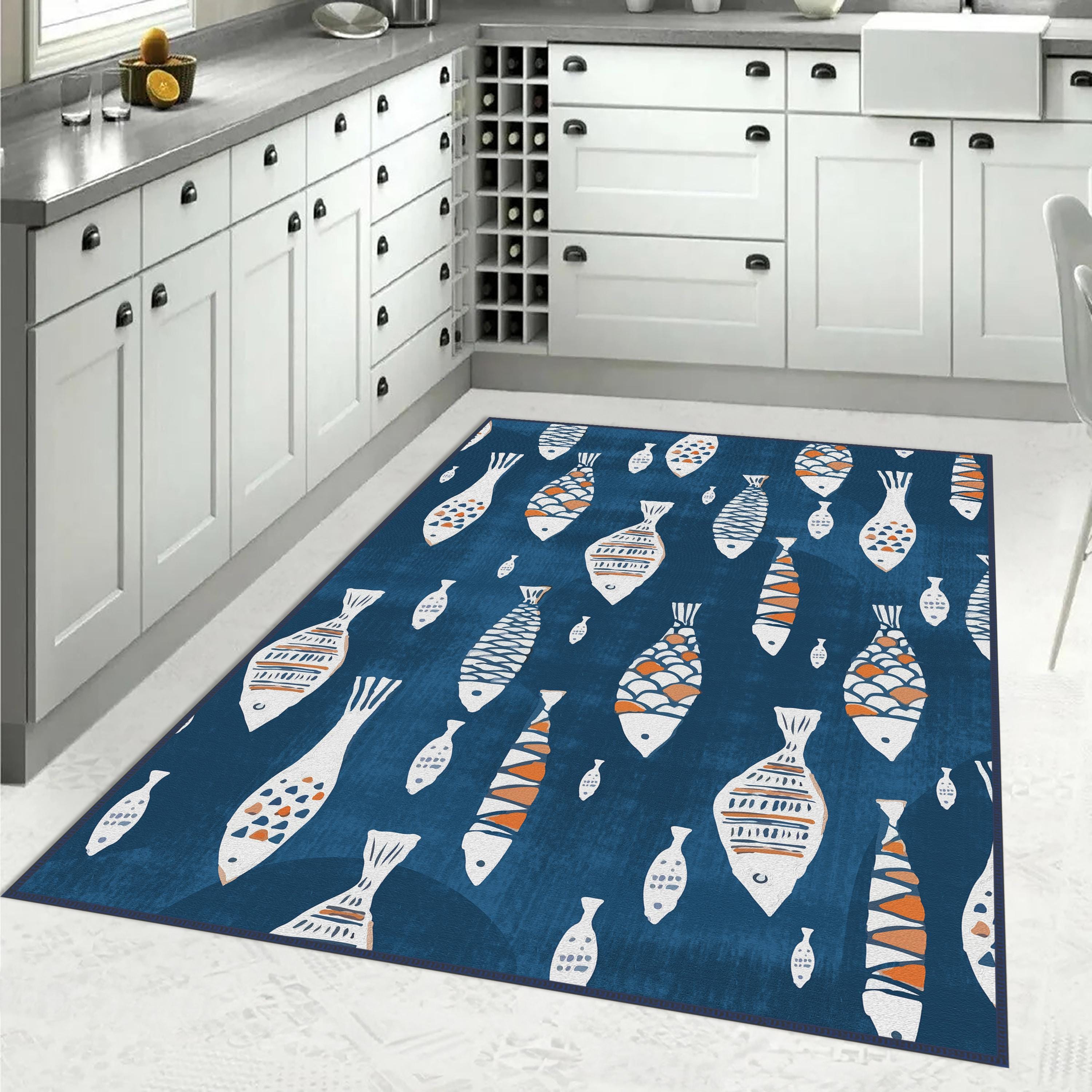 Zerbino/Tappeto Da Cucina Antiscivolo | 99x50 Cm | Motivo Strisce Blu | Lavabile In Lavatrice