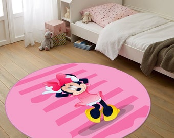 Minnie Mouse Rug, Sleeping Minnie Rug, Baby Girl Playroom Mat, Washable Round Nursery Rug, Non Slip Kids Rug, Mickey Mouse Rug, Nursery Mat