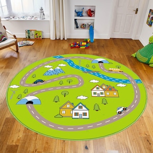 Carte routière de la ville verte, tapis pour chambre d'enfant, tapis vert pour chambre de bébé, tapis pour tout-petit, tapis de salle de jeux, tapis de montagne pour enfants, tapis à motifs de route