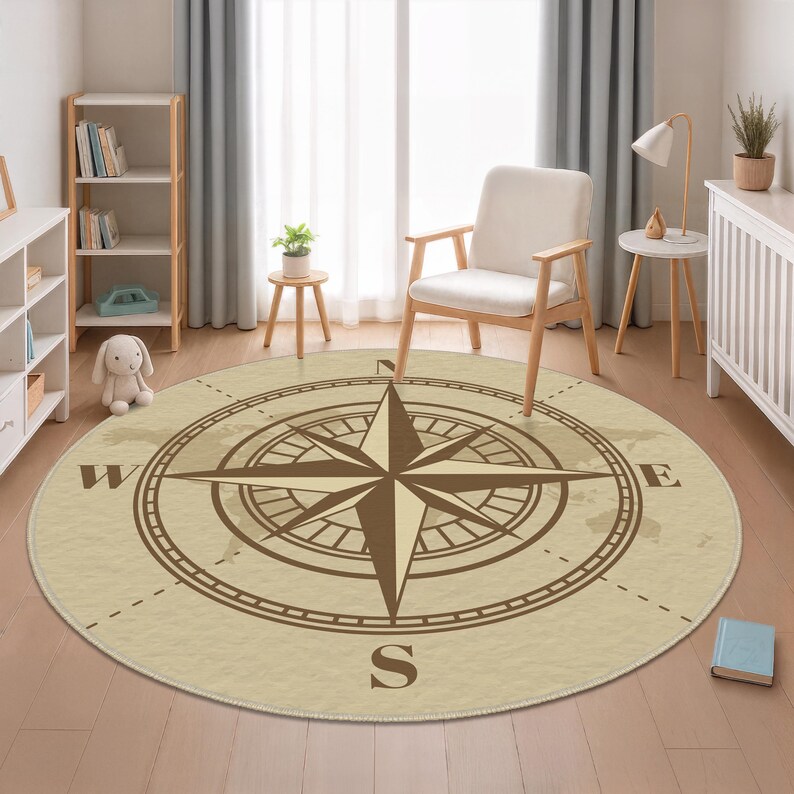 Compass Themed Carpet, World Map Carpets, Round Compass Rug, Vintage ...