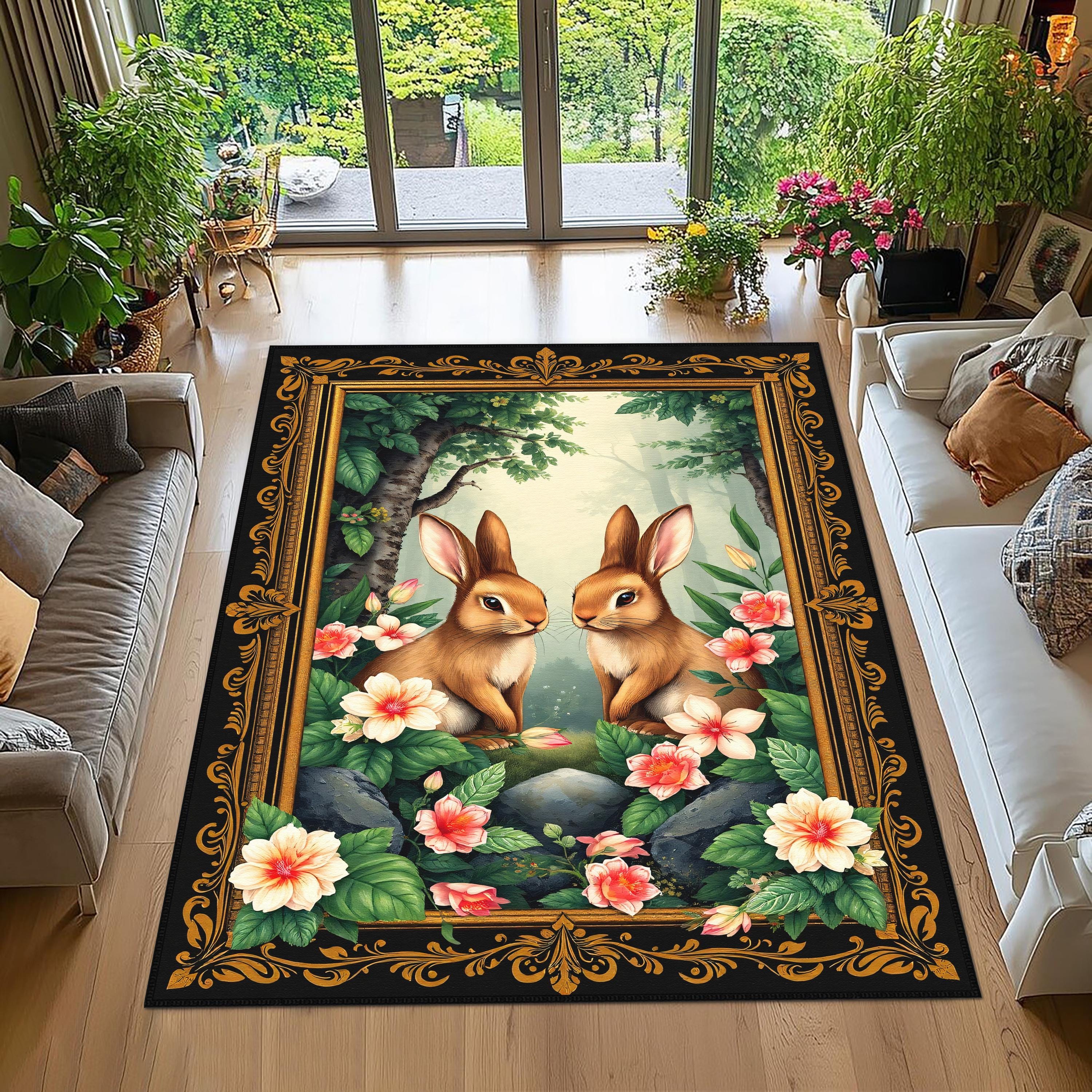 Rabbit Rectangle Rabbit Rug, Rabbit Rectangle Rug, Bunny Rug, Flowers Rabbit Carpet ...