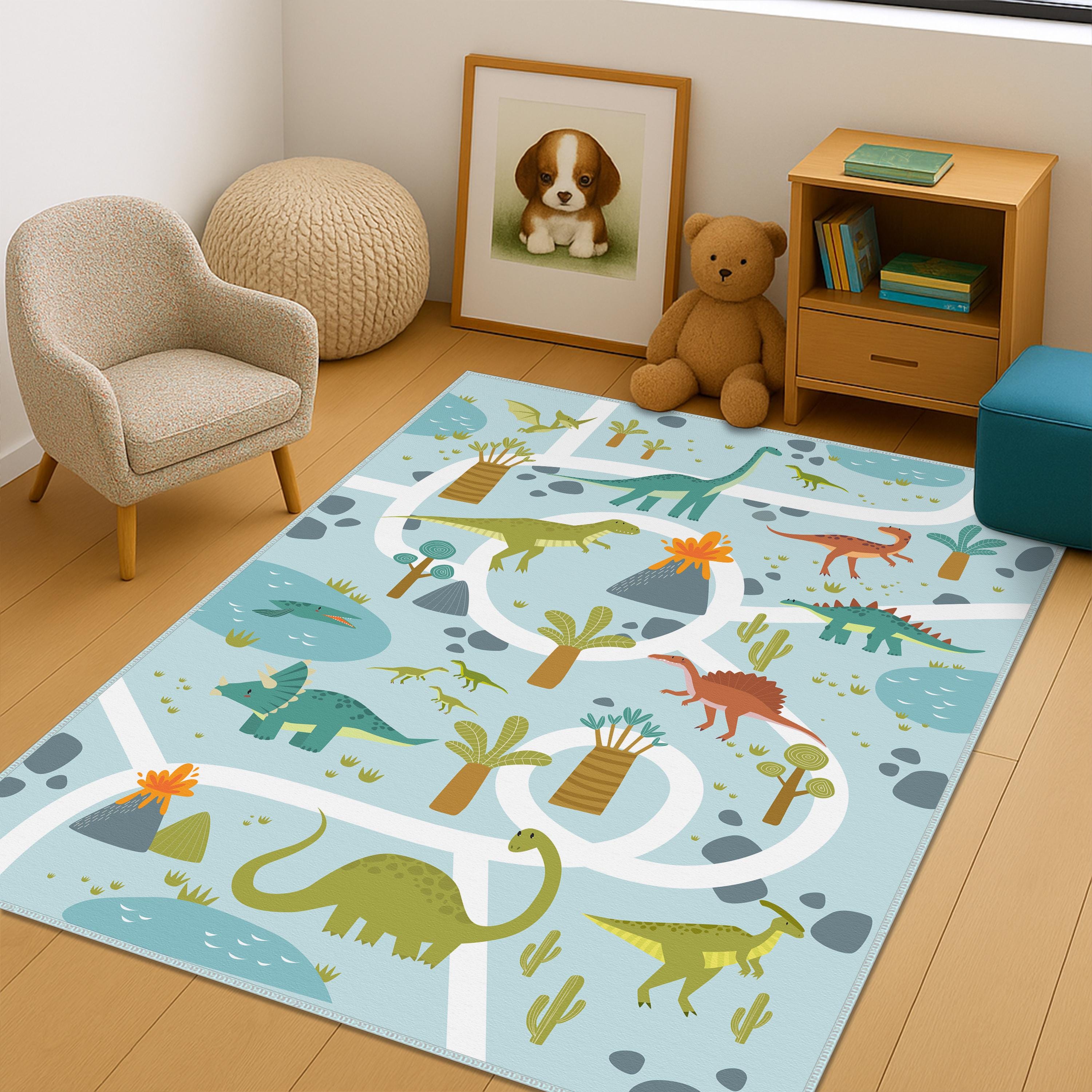 Dinosaur Adventure Road Map Kids Rug, Soft Nursery Carpet With Colorful ...