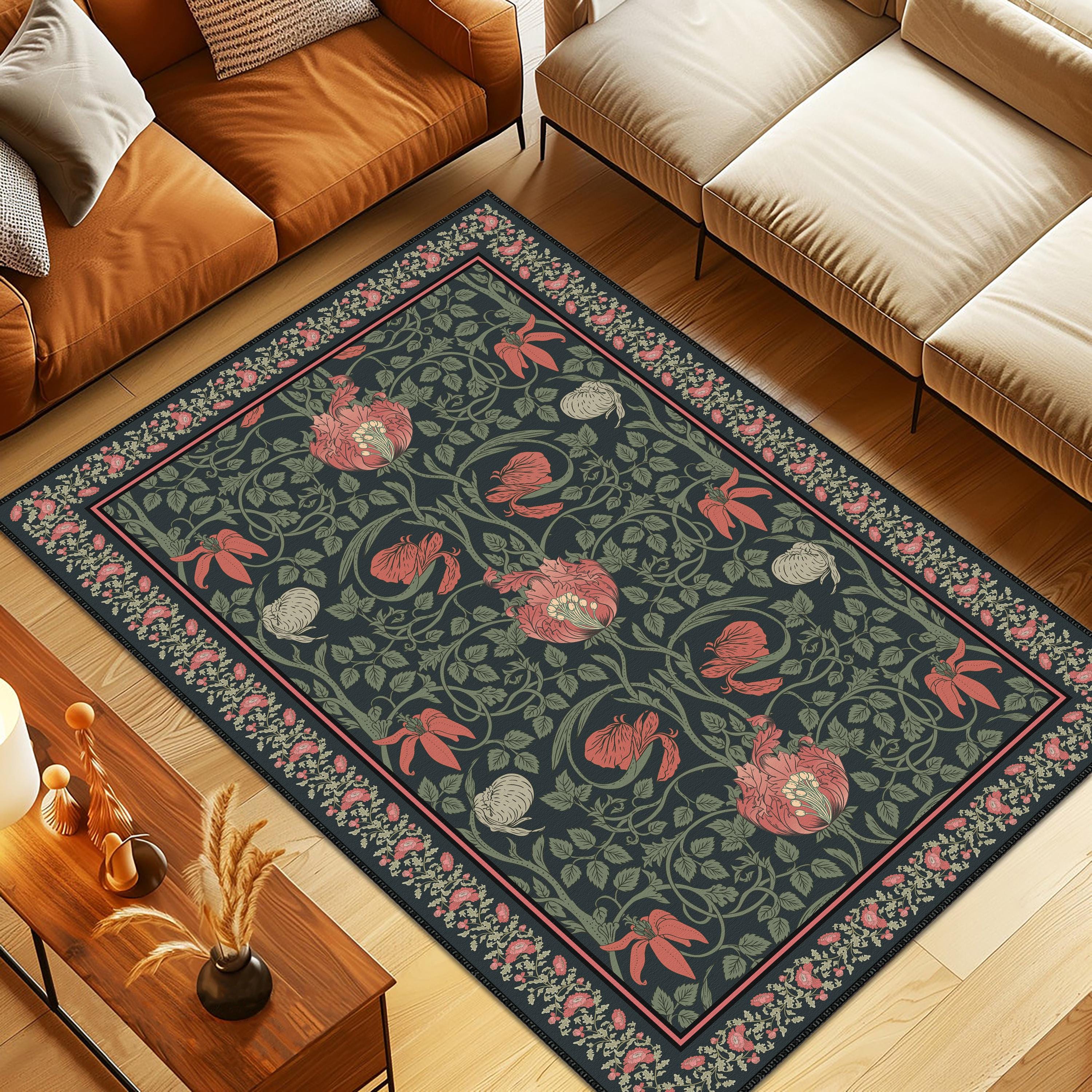 William Morris Artsy Scetch Area Rug, Victorian Floral Area Rug, Green ...