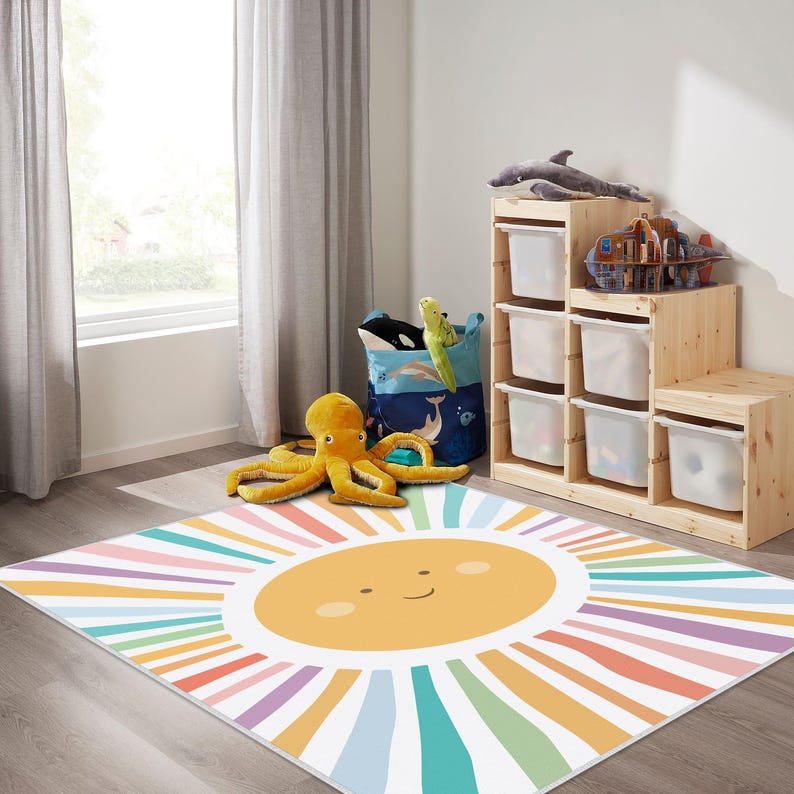 Smiling Sun Patterned Kids Rug, Happy Sun Rug, Fun Kids Rug With ...
