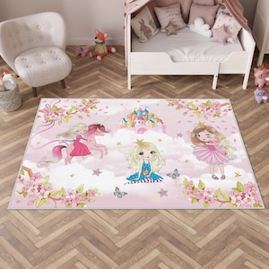 Prinzessin Kinderzimmer Teppich, Einhorn Teppich, Märchen Kinderteppich, Rosa Mädchenzimmer Teppich, Rosa Babyteppich, Waschbar, Rutschfest, Weicher Teppich