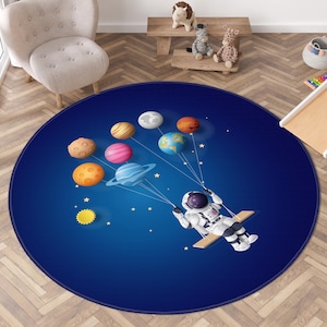 Round space theme kids rug with astronaut and planets design,non-slip galaxy playmat for nursery or playroom floor decor, Astronaut kids rug