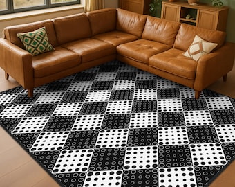 May include: A rectangular area rug featuring a repeating geometric pattern of alternating black and white squares. Each square contains a grid of smaller circles or dots, creating a high-contrast, monochromatic visual effect across the entire surface.