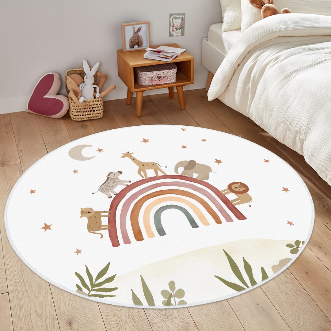 Colorful Rainbow and Animal Themed Kids Room Rug With Giraffe, Lion ...