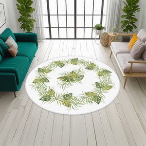 Tappeto rotondo a foglie verdi, tappeto con motivi floreali per interni, tappeto con design Art Déco, tappeto circolare naturale, decorazione per pavimenti verdeggianti, tappeto botanico
