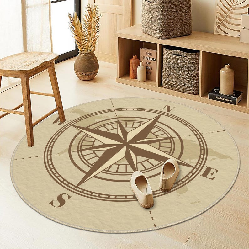 Compass Themed Carpet, World Map Carpets, Round Compass Rug, Vintage ...