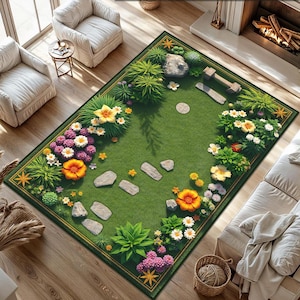 Botanical Moss Area Rug, Wildflower Cottagecore Decor,Floral Farmhouse Rug, Washable Green Plant Rug, Floral Home Carpet,Garden Inspired Rug