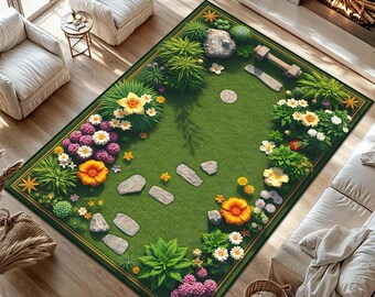 Botanical Moss Area Rug, Wildflower Cottagecore Decor,Floral Farmhouse Rug, Washable Green Plant Rug, Floral Home Carpet,Garden Inspired Rug