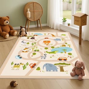 Animals Kids Room Carpet, Road Patterned Baby Rug, Soft Educational Safari Design Kids Carpet, Colorful Animal Adventure Kids Playroom Mat