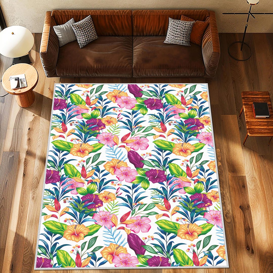 Rainbow Floral Rug, Floral Pattern Rug, Leafy Rug, Living Room Carpet ...