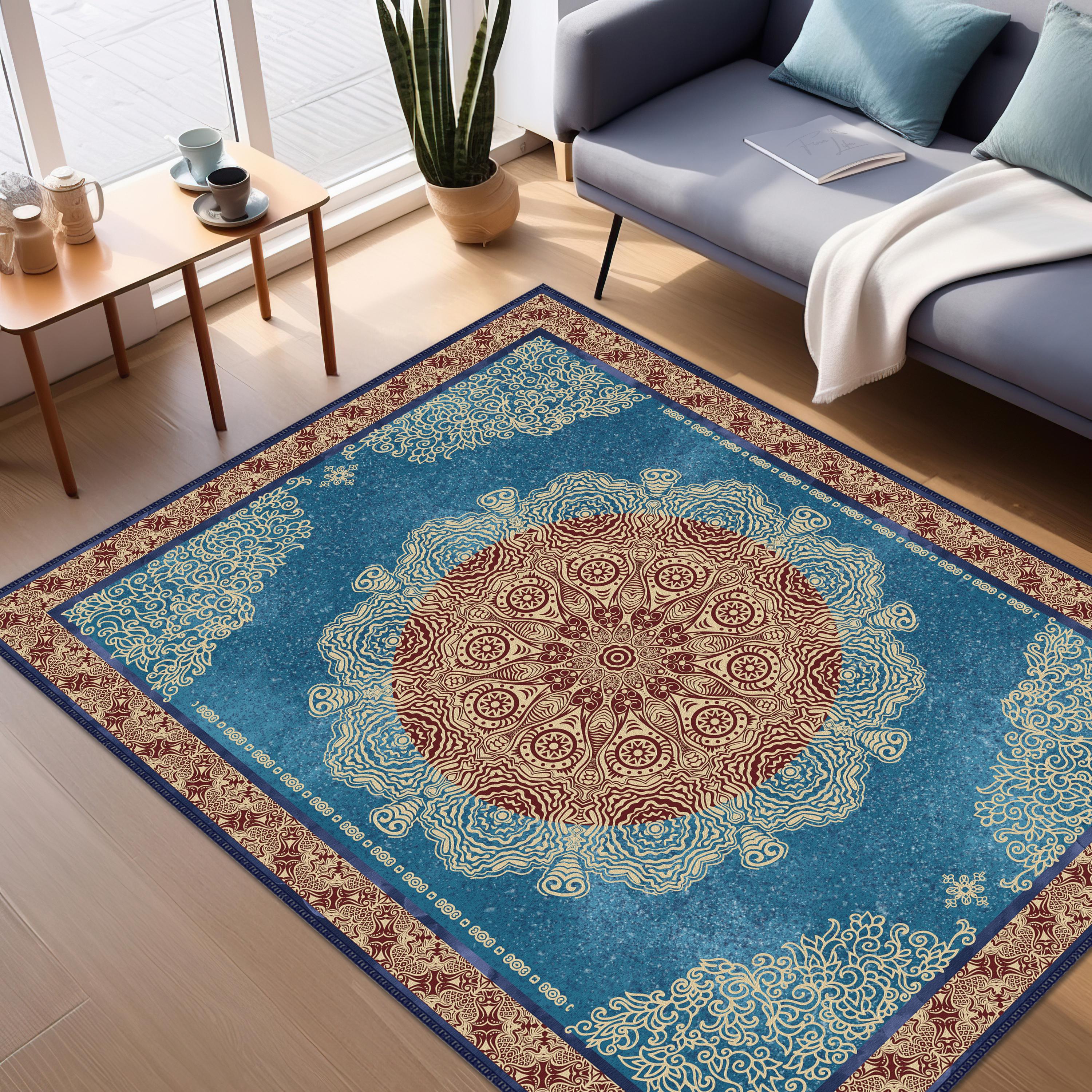 Blue and Brown Oriental Mandala Area Rug, Intricate Medallion