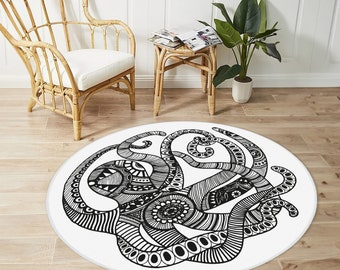 Octopus Round Rug, Octopus Pattern Carpet, Modern Black White Octopus Round Rug, Nautical Area Carpet, Ocean Animal Art Floor Mat
