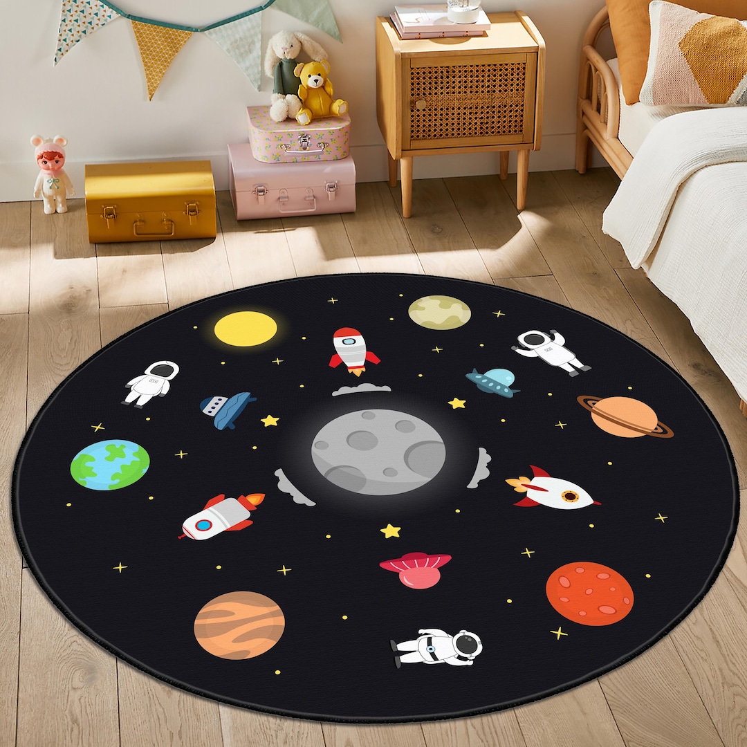 Moon Rover Play Rug Space Themed Cute Kid's Rug, Adventurous Astronaut Kids Mat, Navy Blue ...