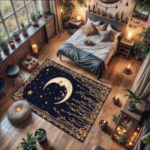 Mystical Moon and Stars Rug, Celestial Night Sky Carpet, Bohemian Gold Floral Living Room Decor, Moon Mystical Carpet, Gold Floral Rug