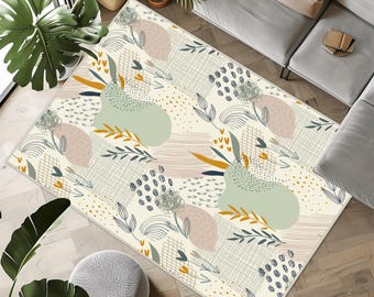 Leaf Abstract Desing Rug, Garden Rug, Plant Area Rug, Tropical Theme Rug, Garden Pattern Carpet, Naturel Tropical Rug, Botanic Carpet