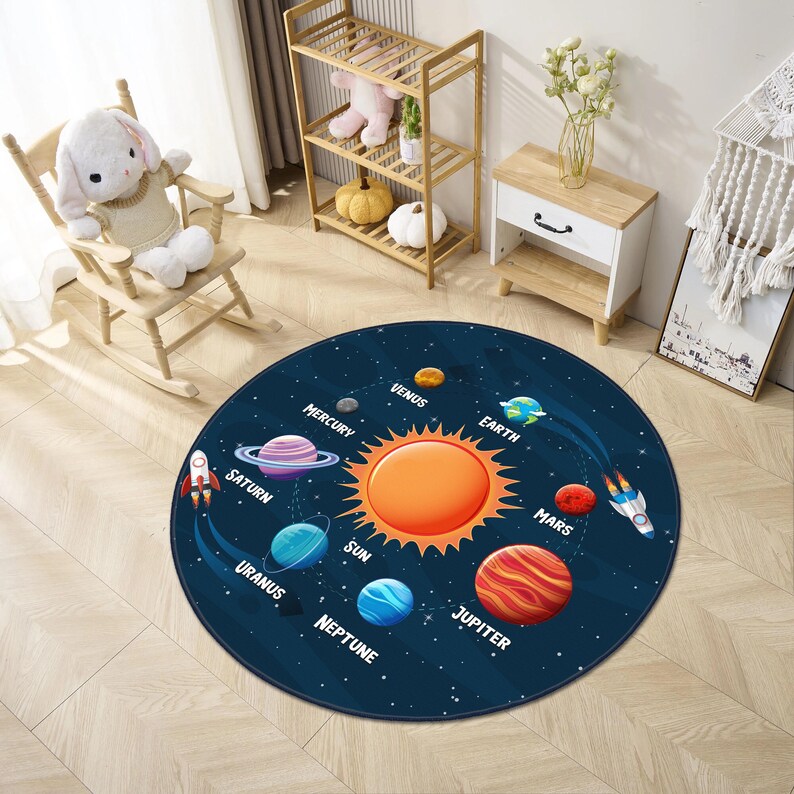 Rocket Circular Rug Solar System Design Round Kids Rug, Kids Bedroom Playroom Mat ...