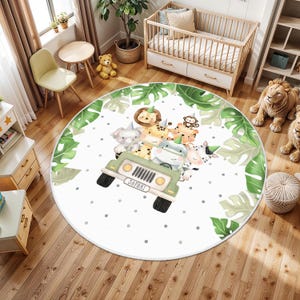 Kinderzimmer Teppich mit niedlichen Safari Tieren - Löwe Baby Teppich - Kinderzimmer Teppich - Elefant, Löwe & Giraffe Design Kinderteppich - Safari Tiere Kinderteppich