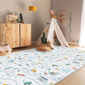 Speelmat met wegenkaart voor kinderen, tapijt met leuke autoweg, zachte speelmat voor peuters, kleurrijk tapijt met voertuigthema voor jongens, antislip speelmat voor kinderen