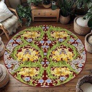 Morris Victorian Floral Area Rug,Rich Botanical Motif Carpet,Elegant Art Nouveau Mat,Floral Harmony William Rug,Green Living Room Accent Rug