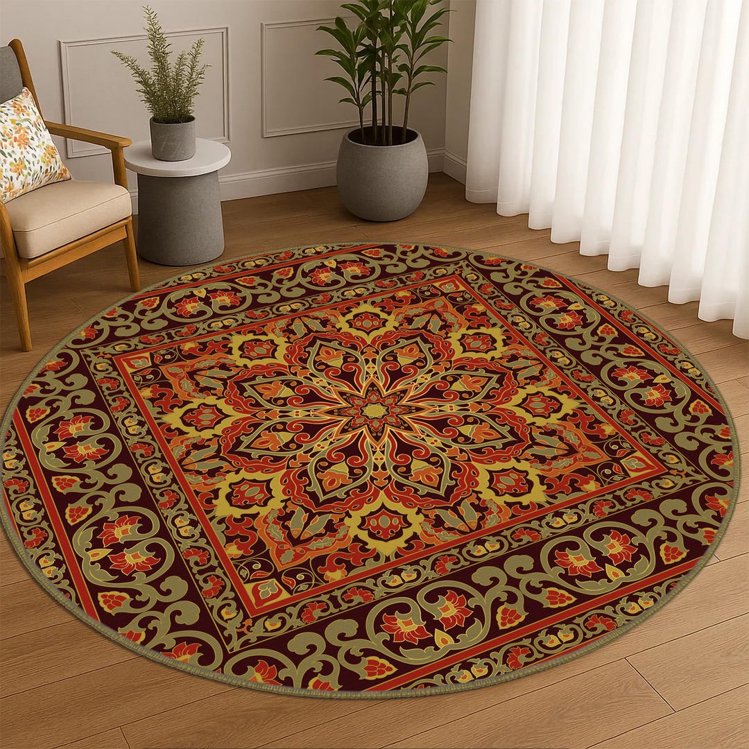 Elegant Round Oriental Rug With Red Floral Pattern for Living Room ...