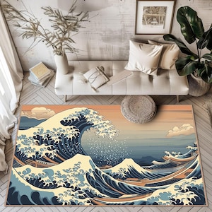 Ocean Wavy Pattern Carpet, Kanagawa Wavy Rug, Gorgeous Japanese Wave Rug, Vintage Carpet