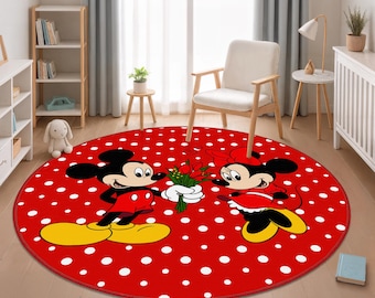 Red Mickey Mouse Rug, Red Kids Round Rug, Mickey Mouse Nursery Rug