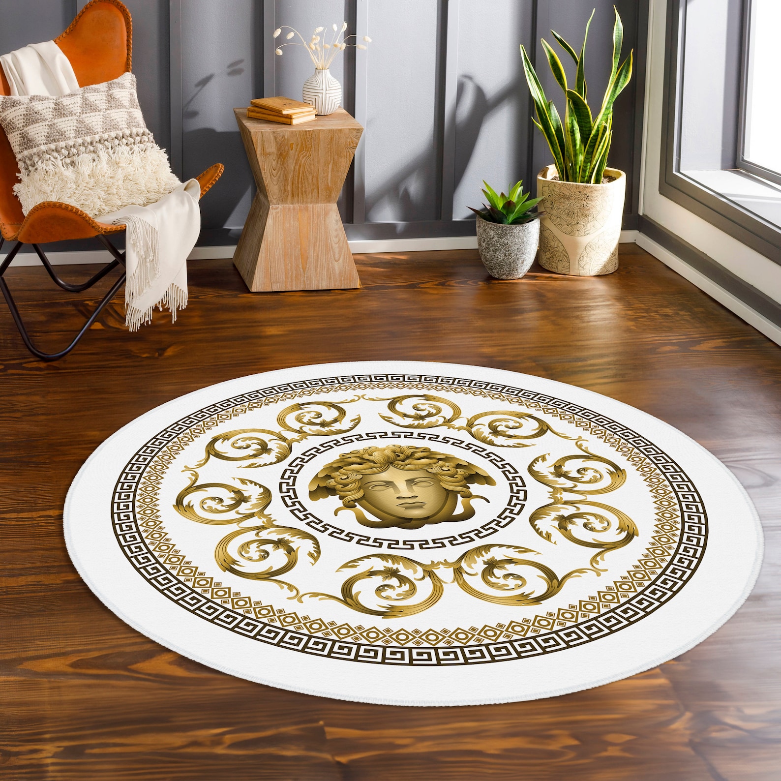 Medusa White Carpet, Gold Rug, Mythical Motif Rugs, Gold Bordered ...