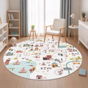 Kindertapijten met wegpatroon, kinderspeelkleed op de weg, kruipmat op de weg, zacht vloerkleed, kinderkamertapijt, ronde speelmat wegenkaart, autospeelkleden