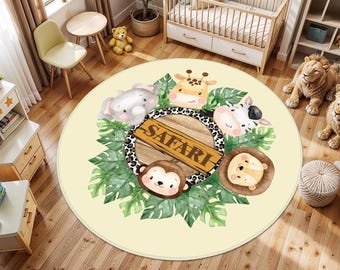 Round Safari Nursery Rug with Cute Jungle Animals,Soft Kids Floor Carpet with Elephant, Giraffe, Monkey Lion Designs Safari Animals Kids Rug