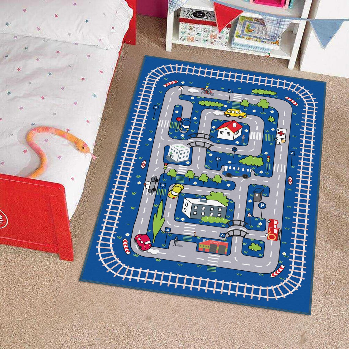 Classroom Train Rug Blue Kids Rug, Train Rail Play Mat, Kids Room Rug With Trolley, Kids ...