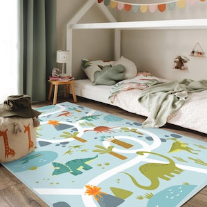 Dinosaurier Dinosaurier Abenteuer Straßenkarte Kinderteppich, weicher Kindergartenteppich mit buntem Dino- und Vulkandruck, rutschfeste Baby Spielzimmer Bodenmatte