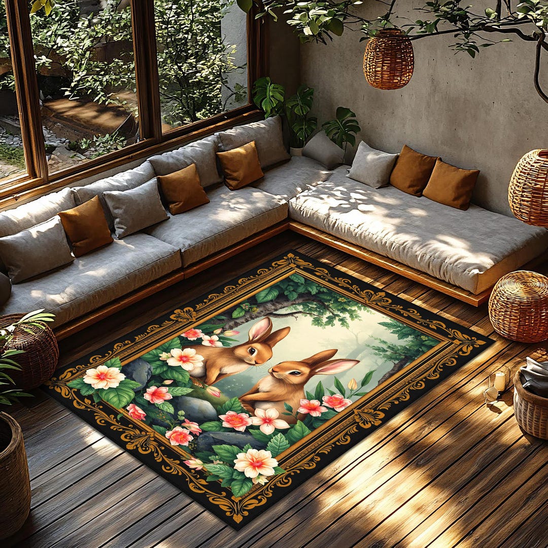 Rabbit Rug, Rabbit Rectangle Rug, Bunny Rug, Flowers Rabbit Carpet ...