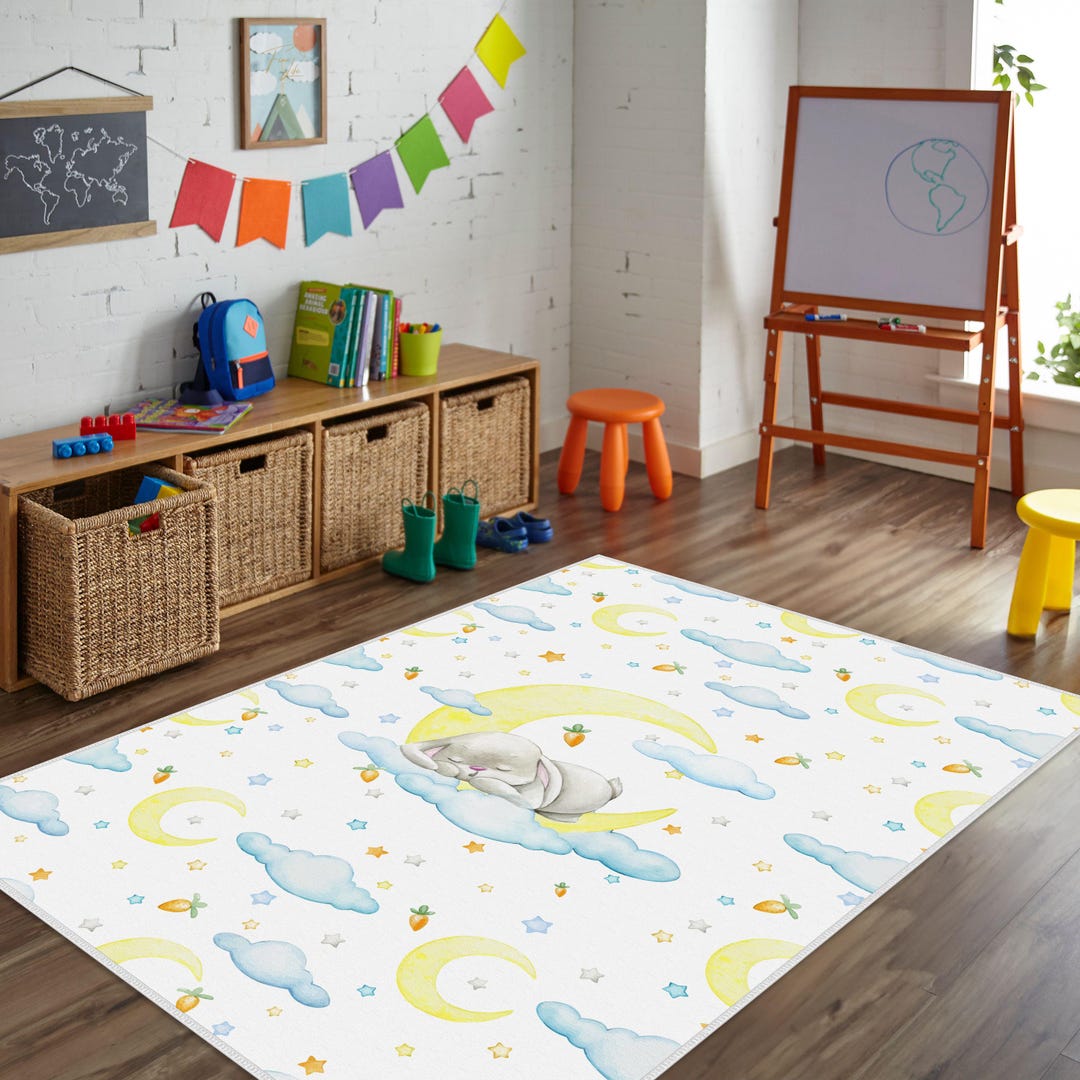 Rabbit Patterned Kids Rug,bunny Rabbit Kids Room Rug, Crawling Mat ...