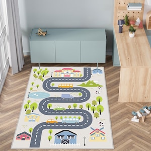 Vloerkleed straat, autospeelkleed voor kinderkamer, mat vrachtwagen peuter, stadsplattegrond antislip activiteitentapijt, tapijt verkeersspeelkamer, kinderdagverblijfmat, stadskleed