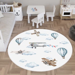 Whimsical Airplane and Hot Air Balloon Kids Round Area Rug for Playroom, Nursery, or Bedroom Decor - Soft Cloud Pattern Flooring for Kids