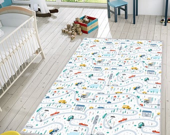 Car Kids Room Carpet, Road Pattern Playroom Carpet, Bus Activity Carpet, Train Carpet, Non-Slip Kids Carpet, Washable Nursery Carpet, Gift