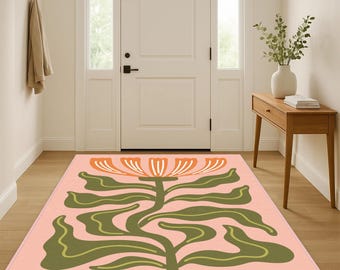 Elegant Bouquet Rug, Floral Living Room Carpet, Abstract Floral Carpet, Orange Floral Desing Carpet, Green Leaves Patterned Rug,
