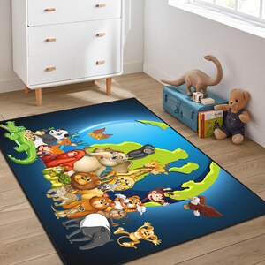 Animals World Desing Kids Rug,Soft Non-Slip Nursery Carpet, Jungle Kids Rug,Zoo Kids Animals Kids Rug, Colorful Animal World Map Kids Carpet
